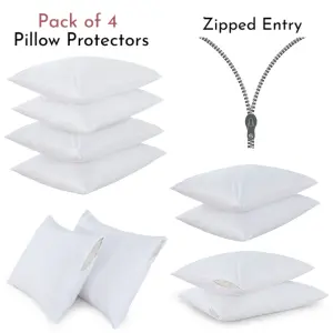 Pillow Protectors 100% Cotton Pack of 4 Washable Anti-Allergic Zipped Entry White Pillowcases 74cmx48cm.