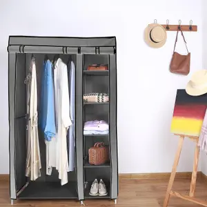 Fabric Canvas Wardrobe Organizer Clothes Rail Shelves Storage Closet Double Tall - Grey