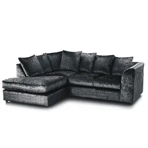 Crystal Crushed Velvet Fabric 3 to 4 Seater L Shaped Corner Sofa Black Left Hand Facing - Scatter Back