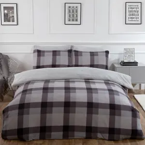 Dreamscene Check Teddy Duvet Cover Pillowcase Bedding Set, Grey - Single