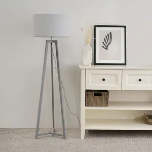 ValueLights Lottie Grey Wood Tripod Floor Lamp with Grey Drum Shade