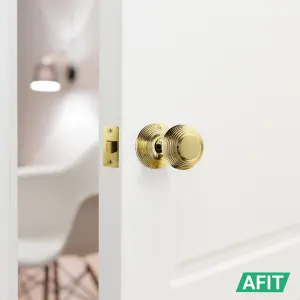 AFIT Beehive Door Knob Set Polished Brass - 4 Pairs of Reeded Mortice Knobs (55mm), Latch (76mm) & Hinges (76mm) for Internal Door