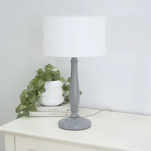 ValueLights Victoria Traditional Grey Wood Candlestick Table Lamp with White Drum Shade - LED Bulb Included