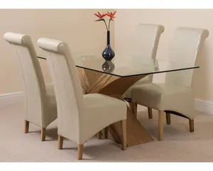 Valencia 160 cm x 90 cm Glass Dining Table and 4 Chairs Dining Set with Montana Ivory Leather Chairs