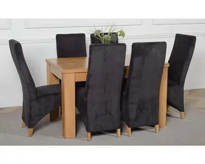 Dakota 127 x 82 cm Chunky Oak Small Dining Table and 6 Chairs Dining Set with Lola Black Fabric Chairs