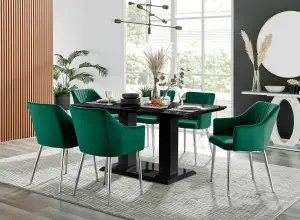 Imperia Black High Gloss 6 Seater Dining Table with Structural 2 Plinth Column Legs 6 Green Velvet Silver Leg Calla Chairs