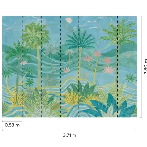 Grandeco Palm Spring Landscape Scene 7 panel Repeatable Textured Mural, 2.8 x 3.71m, Blue