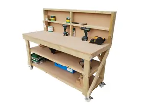 MDF top workbench (H-90cm, D-70cm, L-210cm) with back panel, double shelf and wheels