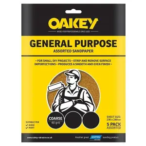 Oakey Glasspaper Sanding Sheets 230 x 280mm Course/Extra Coarse 40G (5)