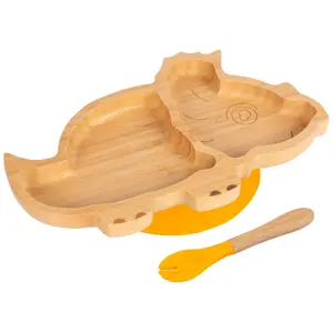 Bamboo Dinosaur Baby Weaning Plate & Fork Set - Yellow