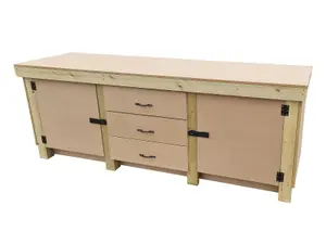 Wooden work bench with drawers and double lockable cupboard (V.8) (H-90cm, D-70cm, L-240cm) with double shelf