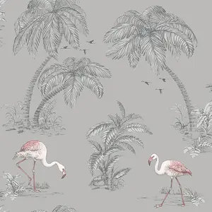 Holden Decor Flamingo Lake Grey/Coral Tropical Smooth Wallpaper