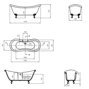 Balmoral 1750mm Double Ended Slipper Bath with Black Claw & Ball Feet