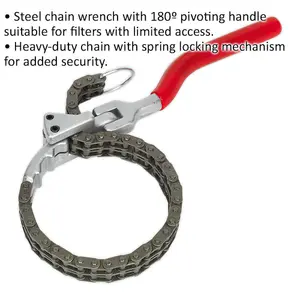 Heavy-Duty Steel Oil Filter Chain Wrench with 180 Degree Pivoting Handle for 60mm to 105mm Filters