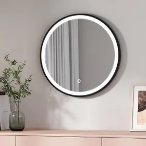 EMKE Round Bathroom LED Mirror Backlit Makeup Mirror with Touch, Leather, Dustproof, Anti-fog, Black 600mm