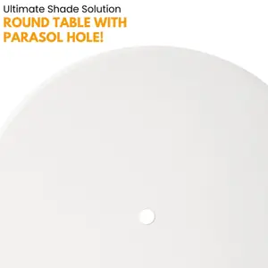 White Round Table 110 cm with Parasol Hole, Space-Saving HDPE Top, Steel Frame for Indoor / Outdoor Use, Garden Parties, BBQs