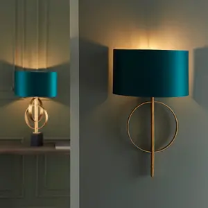 Antique Gold Leaf Wall Light & Teal Satin Half Shade Dimmable LED Filament Lamp