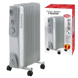 1500w 7 Fin Portable Oil Filled Radiator Heater Electrical Caravan Office Home White