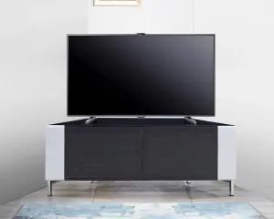 MDA Designs CORVUS Corner-Friendly Black with White Profiles Black BeamThru Glass Doors Stand for Flat Screen TVs up to 50"