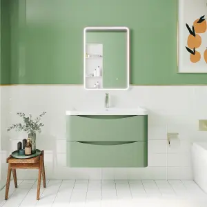 Wall Hung 2 Drawer Vanity Basin Unit with Polymarble Basin, 800mm - Satin Green