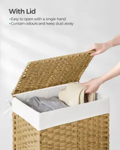 SONGMICS Laundry Basket, 90L Synthetic Rattan Storage Basket with Lid and Handles, Wicker, Removable Liners, Natural Colour