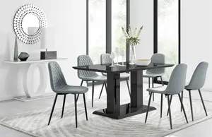 Imperia Black High Gloss 6 Seater Dining Table with Structural 2 Plinth Column Legs 6 Grey Faux Leather Silver Leg Corona Chairs