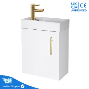 White Gloss Wall Hung Vanity Unit 400mm with Brushed Brass Tap, Waste & Handle