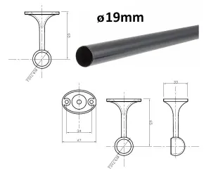 Suspended Round Wardrobe Rail Hanging Tube Pipe 1700mm Black Matt Set with End Brackets