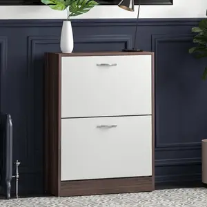 8 Pair Flip Down Shoe Storage Cabinet Organiser Hallway Furniture Walnut/White