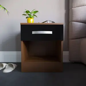 Arkadij High Gloss 1 Drawer Manufactured Wood Bedside Table, Modern Bedroom Cabinet Black/Walnut