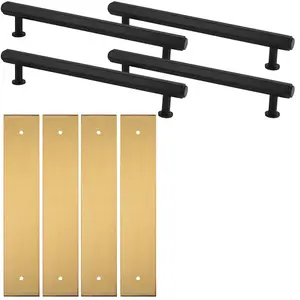 4 PACK - Pull Handle & Contrasting Backplate Set - Industrial Hex T Bar - Matt Black & Satin Brass