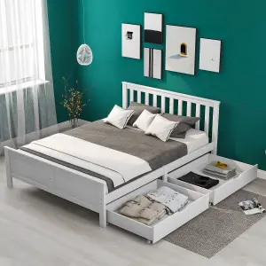 Wooden Solid White Pine Storage Bed With Drawers Bed Furniture Frame For Adults, Kids, Teenagers 4ft6 Double (White 190x135cm)