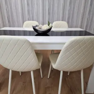 Wooden White Black Dining Table with 4 Cream Stitched Leather Chairs Set