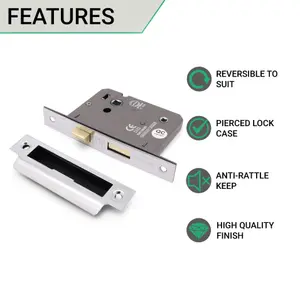 EAI Bathroom Lock 80mm / 57mm Backset Chrome for Internal Wooden Bathrooms Accepts 5mm Square Spindle CE UKCA & Fire Door Approved