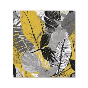 Grey Yellow Floral Leaves Premium Glass Kitchen Splashback W900mm x H750mm