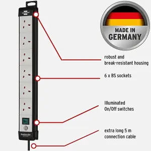 Brennenstuhl Premium-Line, 6-way Extension Lead - 5 Metre Cable - With On/Off Switch