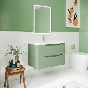 Wall Hung 2 Drawer Vanity Basin Unit with Polymarble Basin, 800mm - Satin Green