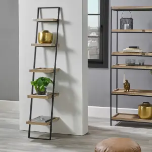 Natural Wood and Black Metal 5 Shelf Ladder Unit