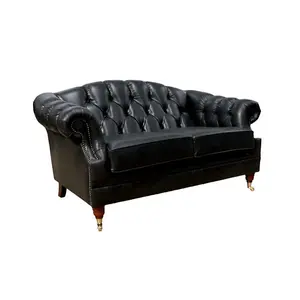 Chesterfield 2 Seater Old English Black Leather Sofa Settee Bespoke In Victoria Style