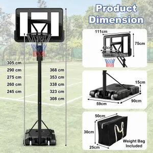 Costway 308 to 368cm Basketball Hoop Set w/Wheels & Free Secure Bag Indoor Outdoor