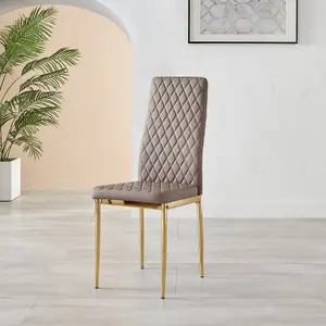 Set of 6 Milan Cappuccino Beige High Back Soft Touch Diamond Pattern Faux Leather Golden Chrome Metal Leg Dining Chairs