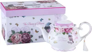 London Boutique Extra LargeTeapot Shabby Chic Vintage Floral in Gift box (Teapot Bird Rose Butterfly)