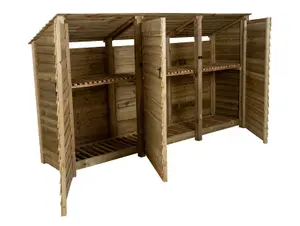 Wooden log store (roof sloping back) with door and kindling shelf W-335cm, H-180cm, D-88cm - natural (light green) finish