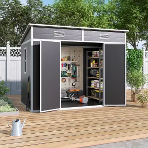 Outdoor Garden Plastic Double Door Storage Shed with Floor and Windows, Light Grey