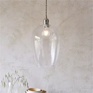 Hanging Ceiling Pendant Light - Bright Nickel Plate & Clear Hammered Large Glass - 10W LED E27