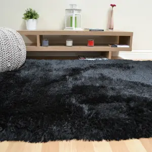 Black Handmade , Luxurious , Modern , Plain , Shaggy , Sparkle Easy to Clean Rug for Living Room, Bedroom - 120cm X 170cm