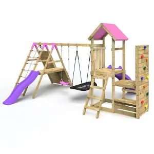 Rebo Wooden Climbing Frame with Vertical Rock Wall, Swing Set and Slide - San Luis+ Pink