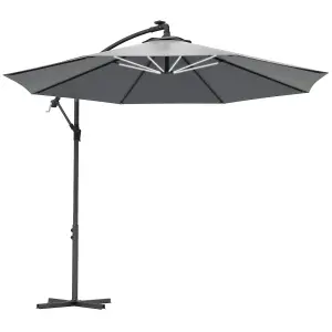 Outsunny 3(m) LED Patio Banana Umbrella Cantilever Parasol w/ Crank, Grey