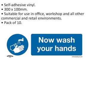 10 Pack of Wash Your Hands Safety Signs - Self-Adhesive Vinyl Stickers 300 x 100mm