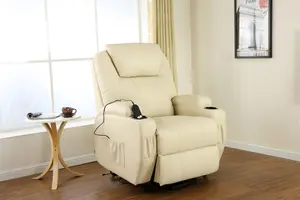 Rise Recliner Chair With Single Motor, Heat And Massage, Remote Control, Pocket Storage And Cup Holders In Cream Bonded Leather